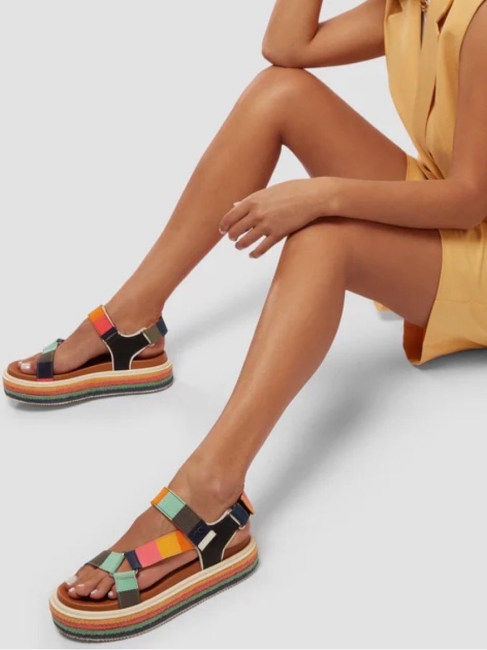 Tory Burch Sport Strappy Sandals Women 8.5M Nylon Webbing Leather Platform Multi